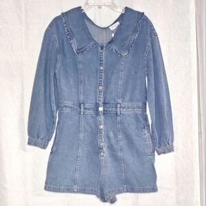 Storia Light Wash Denim Button Front Ruffle Collar Belt Loop Side Pockets Romper